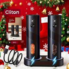 2件套电动盐和胡椒研磨器套装，带充电底座，一键操作，粗细可调，电池供电，厨房桌面调味工具或礼品，简约现代设计，适合居家、露营、节日送礼。 - 黑色 - 查看 2