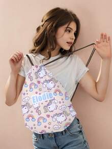 1pc Customized Name Cartoon Pony Pattern Drawstring Backpack, Can Be Customized According To Your Unique Design, Perfect For Children, Print Your Own Name Or Print Your Sister's And Classmates' Names As A Gift To Give To Others - Multicolor - View 3