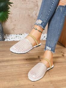 女士镂空透气网面平底一脚蹬鞋，百搭休闲时尚优雅乐福鞋，适合派对、海滩、度假等场合 - 白色 - 查看 3