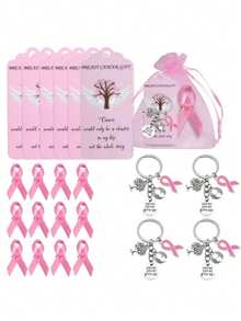 40 Pcs Inspirational Alloy Keychain Set Tree Of Life Heart Pendant Never Give Up Engraved Pink Ribbon Brooch Valentines Gift - Multicolor - View 2