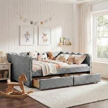 YOGLAD Full & Queen Size Gingham Daybed Sofa Bed With Storage Drawers And USB Port, Upholstered Linen Day Bed With Wave Shaped Frame, Multifunctional Couch Bed With 2 Rolling Drawers For Bedroom Living Room Guest Room - Xem 10
