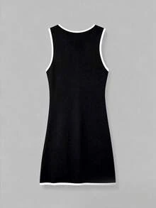 女士春夏新款简约优雅女士时尚无袖开衫针织连衣裙 - 黑色拼白邊 - 查看 9