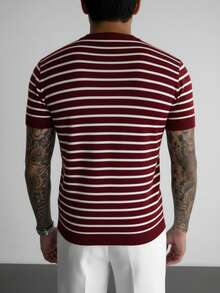 GRDR Men's Summer Knit Striped Short Sleeve Sweater, Fashionable Item For Gatherings And Outings - Burgundy - View 5