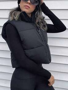 Abrigo corto acolchado Chaqueta corta holgada de algodón negra para mujer, cálida y cómoda, adecuada para uso diario en invierno. - Negro - Ver 1