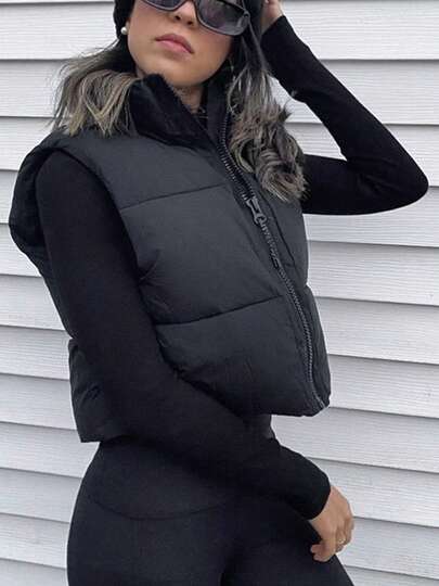 Abrigo corto acolchado Chaqueta corta holgada de algodón negra para mujer, cálida y cómoda, adecuada para uso diario en invierno.