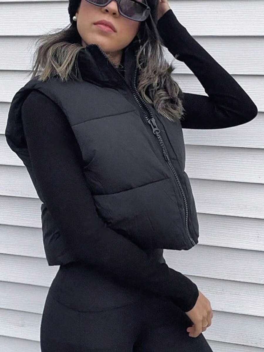 Abrigo corto acolchado Chaqueta corta holgada de algodón negra para mujer, cálida y cómoda, adecuada para uso diario en invierno. - Negro - Ver 1