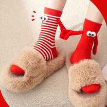 1 Pair Cute Red Women's Socks With Spring/Summer Cartoon, Socks That Can Hold Hands, Magnetic Hand Holding New Year's Mid Tube Socks - Multicolor - View 2