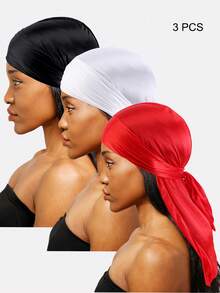 3pcs Faux Silk Long Tail Headscarf Caps, Silky Soft Wavy Tail Headwrap Hats For Women, Lightweight Headscarf - Multicolor - View 3
