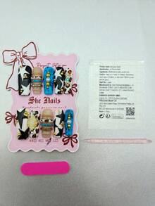 10片闪亮假指甲，DIY可爱巴洛克Y2K美式风格闪粉美甲，长方形亮片手工指甲，法式尖头全覆盖手工圆形手绘3D钻石星点蓝色豹纹金色珠子，适合派对和新年，适合女性节日使用，附赠凝胶贴纸和指甲锉。 - 彩色 - 查看 9