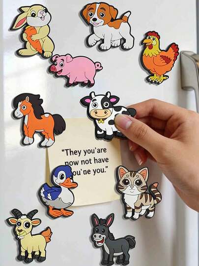 Set de 10 magneți de frigider cu desene animate 2D drăguțe cu animale de fermă, inclusiv pisoi, cățeluș, iepure și multe altele, adorabili și distractivi, potriviți pentru casă, școală, decor de petrecere, cadouri, DIY