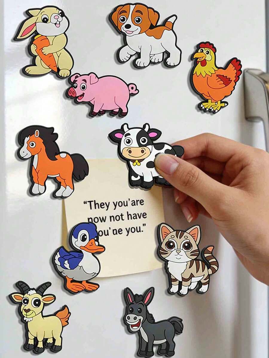 10pcs 2D Cartoon Cute Farm Animal Refrigerator Magnets Set, Including Kitten, Puppy, Rabbit And More, Adorable And Fun, Suitable For Home, School, Party Decor, Gifts, DIY