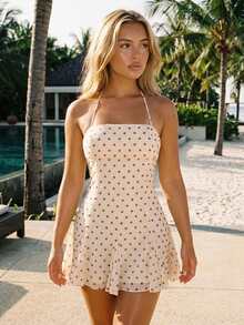 Women's Dots Print Mini Dress Sleeveless Spaghetti Strap A-Line Dress Summer Casual Dress - 淡黃色 - 查看 5