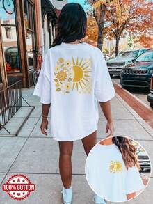 Women's Oversized 100% Cotton Graphic Tee With Retro Sun & Daisy Floral Print, Boho Summer Casual T-Shirt For Women Graphic Print Drop Shoulder T-Shirt, Short Sleeve Crew Neck Casual Top For Spring & Summer, Women's Oversized Clothing Unisex Short Sleeve Graphic Tee Casual Crewneck T-Shirt - 淺灰色 - 查看 11
