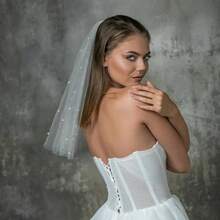 Simple Single Layer Short Pearl White Beaded Bridal Wedding Veil - White Beads - View 4