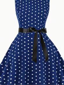 Nuevo cinturón decorativo estampado, vestido casual de cuello redondo sin mangas, ropa elegante para mujer para vacaciones de primavera, verano y otoño - Azul Marino - Ver 4