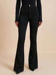 Women's Solid Color Button Casual Versatile Daily Flare Pants - Black - View 5