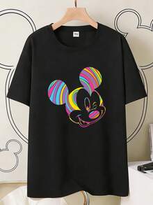 Disney Men's Mickey Mouse T-Shirt, Featuring Rainbow Stripe And Dopamine Inspired Design. This Casual Street Style T-Shirt Has A Vacation Theme, Suitable For Everyday Wear, Beach Holidays, Men's Fashion Outfits, And Carnival Events. - Black - View 1