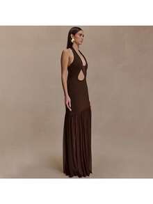 2026 New Fashion Temperament Hot-Selling Neck Women's Long Dress Sexy Hollow Pleated Backless Hip-Wrapped Dress - 咖啡 - 查看 4