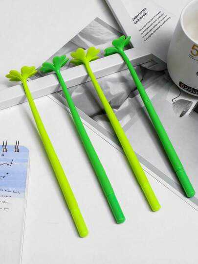 2pcs Clover Flower Shaped Ballpoint Pens, Cute Green Tone Lucky Flower Black Ink Pens, High-Quality Lucky Clover Pens, Student Stationery Decor, Creative Office Supplies, Suitable For School And Office, Back To School Season