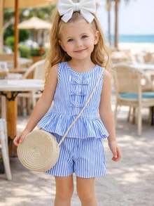 Children's Striped Set: Peplum Top With Bows + Striped Shorts - Blue - View 2