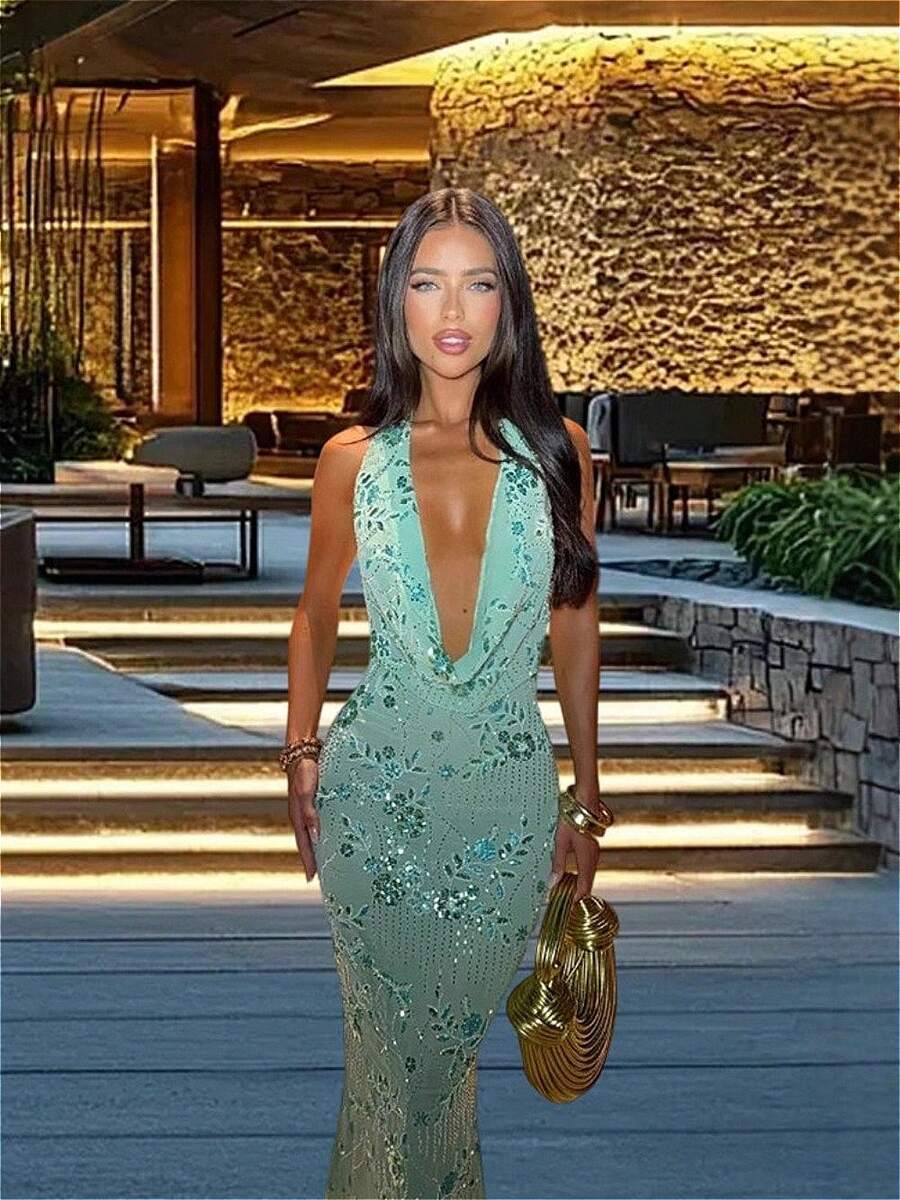 Women's Long Dress Fashionable Elegance Temperament Fresh Personality Sequins Shiny Sleeveless Sexy Backless Dress Beaded Artistic Sense V-Neck Large Open Back Long Dress - 綠色 - 查看 1
