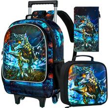 3pcs/Set Kids Boys' Dinosaur Rolling Backpack, With Wheels Children School Bag With Lunch Box, Suitable For Kindergarten & Elementary School - Trolley Backpack - View 1