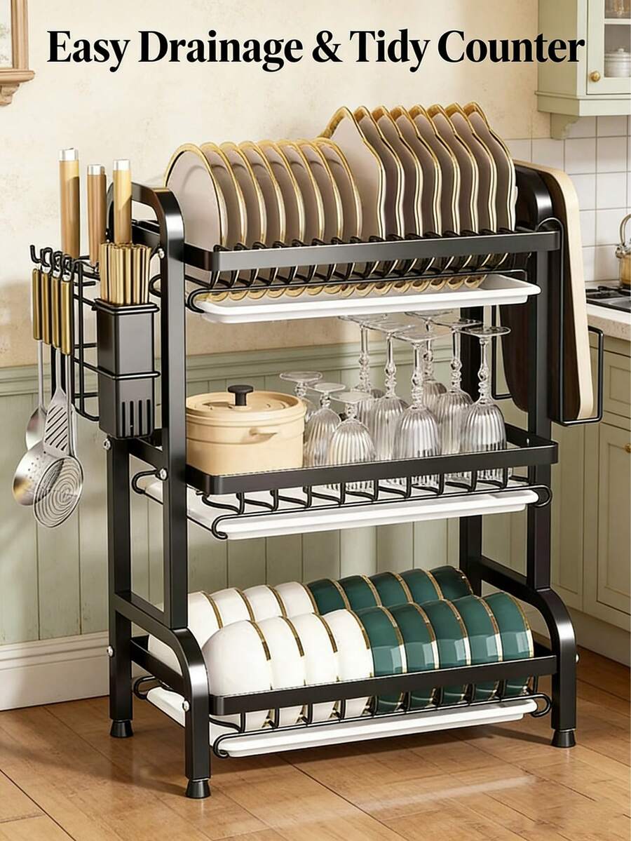 3-Tier Over Sink Heavy Duty Stainless Steel Dish Drying Rack, Rustproof Extra-Large Capacity Non-Slip Kitchen Counter Organizer, Removable Drainboard With Utensil Knife Cup Cutting Board Holder, Space-Saving Easy To Clean Kitchen Orangizer | Organozador Cocina Kitchen Essentials - Màu đen (Phiên bản dày hơn) - Xem 1