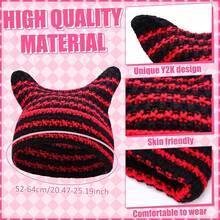 Y2k Crochet Beanie Hats Knitted Striped Arm And Leg Warmers Cat Beanie Accessories For Women - 紅黑 - 查看 3