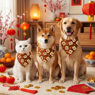 1 pieza Babero para mascota, Babero con estampado de Mahjong del Año Nuevo Chino, Adecuado para perros pequeños/medianos, gatos, Atuendo auspicioso y festivo para mascotas