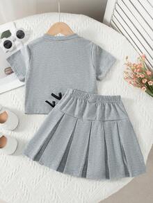 2件套女童休闲蝴蝶印花短袖上衣和百褶裙，带3D蝴蝶结设计，春夏款 - 灰色 - 查看 2