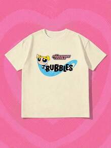 Whysmera SHEIN X Powerpuff Girls Damen Bedrucktes Loose Fit Crew Neck Top - Bequemer Lässig Süßer Stil, Geeignet für den täglichen Gebrauch - Aprikosenfarben - Übersicht 1