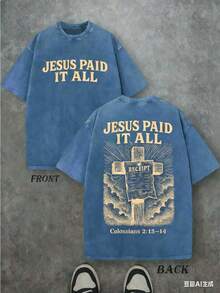 Retro Washed T-Shirt Double Sided Printed (230 Pure Cotton T-Shirt) 'JESUS PAID IT ALL' Letter And Cross Pattern Print, Christian Gift, Men's T-Shirt, Men's Casual, Comfortable, Fashionable T-Shirt, Street Style Cotton Unisex ST Patrick' S Day Plus Size Top - Màu xanh lam - Xem 3