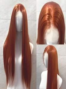 13x4英寸合成蕾丝前假发，直长发，透明蕾丝，预拔发际线，耐热纤维，女士款 - 粉色、脏橙色、棕色 - 彩色 - 查看 5