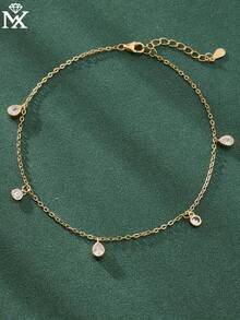 SYMFNY 1pc Elegant & Cute 925 Silver Zirconia Inlaid Teardrop & Round Pendant Anklet, Women Beach Holiday Wear - Anklets - View 3