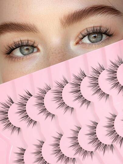 7对动漫风格假睫毛，自然浓密，卡通设计，柔软透明睫毛梗，适合新手，非常适合派对和日常妆容。