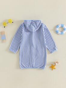 Kids Boys Girls Hooded Terry Coverups One Piece Swimsuits Beach Zip Up Long Sleeve Striped Swim Cover Up Swimwea - Màu xanh da trời - Xem 3