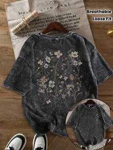 Summer Tops2026Women'S 230g Heavyweight Washed T-Shirt - Vintage Floral & Print Oversized Round Neck Short Sleeve, Y2K Retro Loose Fit Casual Everyday Top, Soft Breathable All-Season Layering Essential (Shipped From Local Warehouse)Summer Clothes Washed Cotton - màu đen - Xem 7