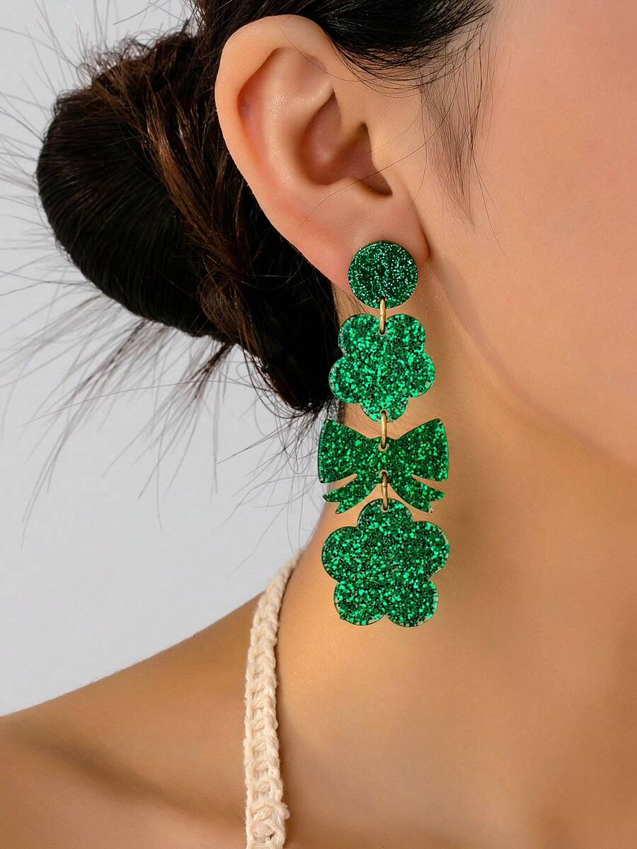 1 Pair Elegant Green Bowknot Clover Stud Earrings, Suitable For St. Patrick's Day Party, Banquet And Daily Wear - Green - View 1