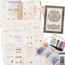 DIY刺绣练习画布套装，预印针法图案，适合初学者，包含手工刺绣针法书、DIY创意缝纫工具包（含针法书和详细图案） - A - 查看 1