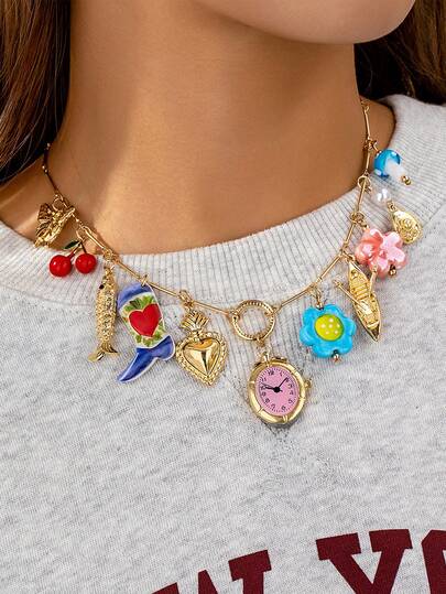 1pc Cherry Mushroom Flower Charm Necklace, Summer Glass Beads Heart Charms Necklaces Jewelry For Women, Y2K Jewellery, Funky Necklace Jewelry For Women (Handmade Accessories, Color And Shape May Vary Slightly)