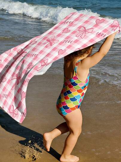1PC Baby Beach Towel, Pink Heart-Shaped Bow Beach Towel, Made Of Polyester Material, Digitally Printed, Suitable For Babies, Beaches, Bathrooms, Face Wipes, Swimming Pools, Gifts.