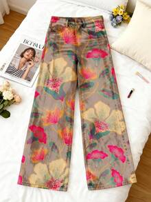 3D Floral Pattern With Pink Yellow And Green Accents Women's Imitation Jeans Autumn And Winter Cowboy Attire High-Elastic Slim Fit Embroidery Design Formal Women's Wear - 彩色 - 查看 5