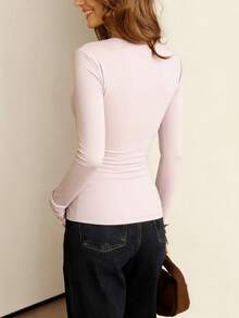 2026 Women's Long Sleeve Crop Top T-Shirt Basic V Neck Going Out Tops Slim Fit Lace Patchwork Tight T Shirts Basic Casual Work Blouses - Hồng - Xem 4