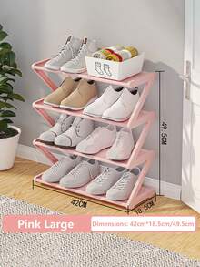 This 4-Tier Large Z-Shaped Shoe Rack Can Be Easily Assembled Without Tools. Made Of Pink Plastic Material, It Is A Stackable Storage Rack Suitable For Home, Dorm, And Living Room. Its Space-Saving Freestanding Design Makes It An Ideal Choice For Shoe Storage. - Multicolor - View 13