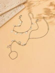 2pcs/Set Minimalist Star & Moon Tassel Finger Chain Set, Fashionable Double-Layer Bracelet, Suitable For Ramadan, Daily Wear, Dates, And Photo Shoots. Handmade Chain Length Customized, Tassel Quantity Random - Silver - View 3