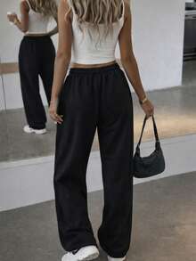 Flowy Wide Leg Pants | Drawstring Waist + Minimalist Design, Casual Commuter Wear For Women - Black - View 6