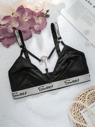 1pc Women's Lingerie Set, Black Striped, Heart Chain Decor, Comfortable & Fashionable