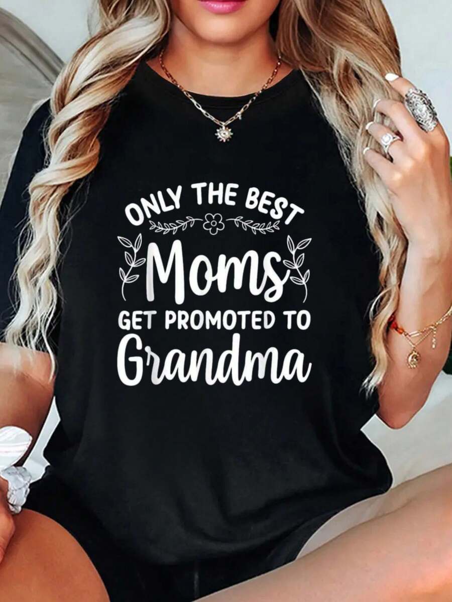 Camiseta de abuela con arte de mujer, mamá ascendida a abuela. Camisetas de algodón cómodas. Conjuntos de primavera y verano 2026 para mujer, blusas negras tees - Negro - Ver 1