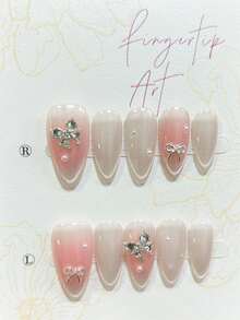 10pcs Cute Pink Almond Shaped Press-On Nail Stickers, 3D Bow Pearl Diamond Cat Eye Glitter False Nails, Gentle Sweet Girl Nail Art Supplies (1pc Jelly Sticker + 1pc Nail File) - Multicolor - View 4