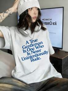 Women's Loose Fit Round Neck Short Sleeve Letter & Cartoon Print T-Shirt, Spring/Summer - Light Gray - View 1